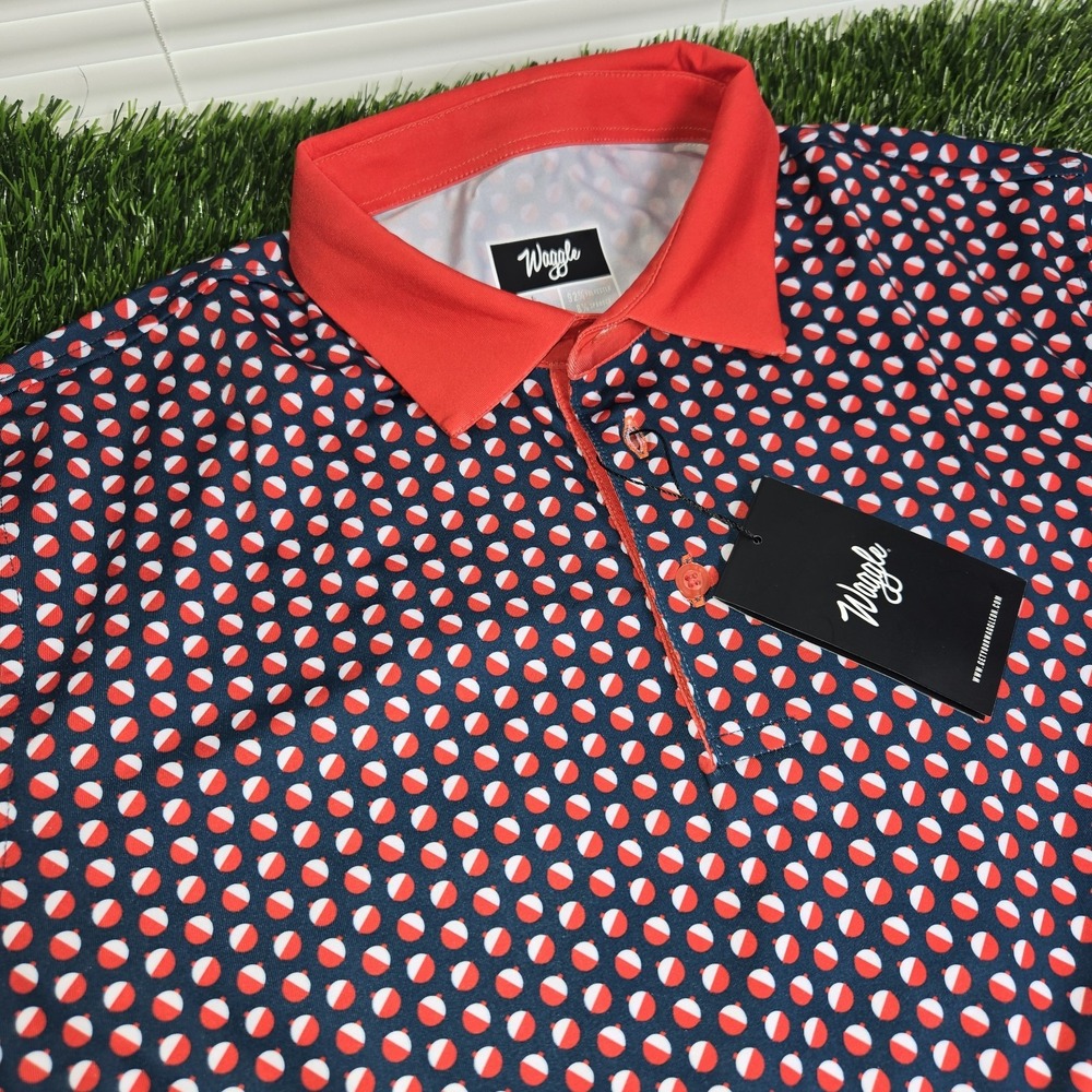 Waggle Polo Shirt Mens Large Golf Performance Stretch Bobby Pattern NWT Red Blue